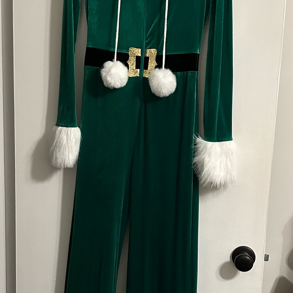 Green Velvet Elf Jumpsuit with White Fur Accents